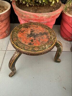Antique Wood Painted Bikaner State Round Beautiful Table Stool Rich Patina 3