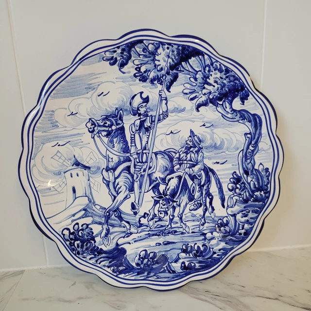 Don Quijote Horse Talavera Spanish Plate Hand Painted Ceramic White BLue  large