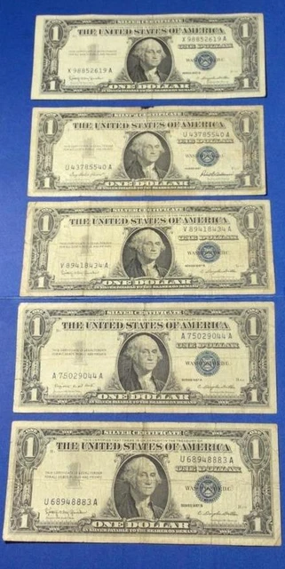 1957-1957B $1 Blue SILVER Certificates! X2619 Set of 5! Lower Grade! Currency!
