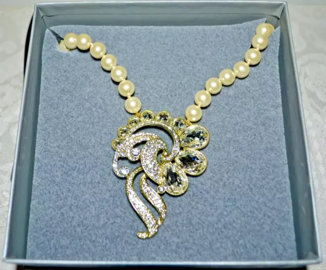 NWT $170 HEIDI DAUS Night at the Opera Clear Crystal Pendant Pearl NECKLACE