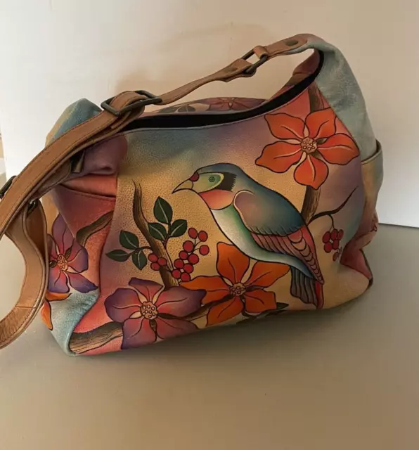 ANNA BY ANUSCHKA Leather Large Bird Floral Hobo Handbag Multicolor Hand painted