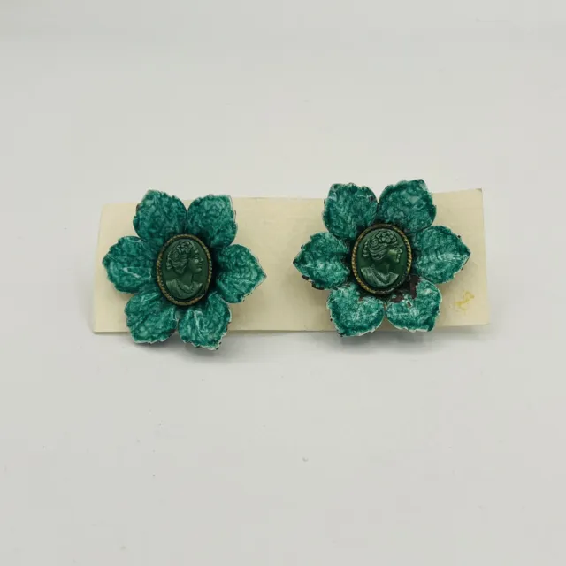 Vintage Green Metal Flower With Cameo Curtain Tie Back Pins Set Of 2