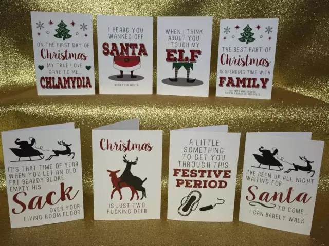 8 unhöfliche Weihnachtskarten GEMISCHTE DESIGNS Fluchen von Erwachsenen Humor Weihnachten Packung ungezogen