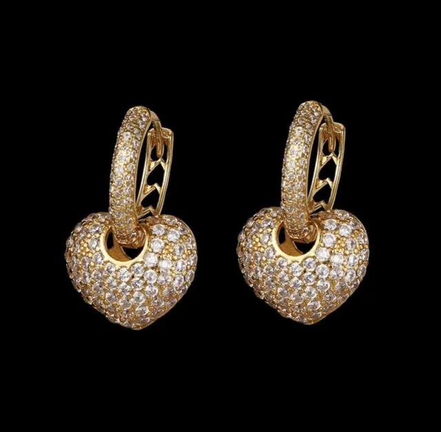 14k Gold Plated Heart Earrings made w Swarovski Crystal Stone Designer Inspired