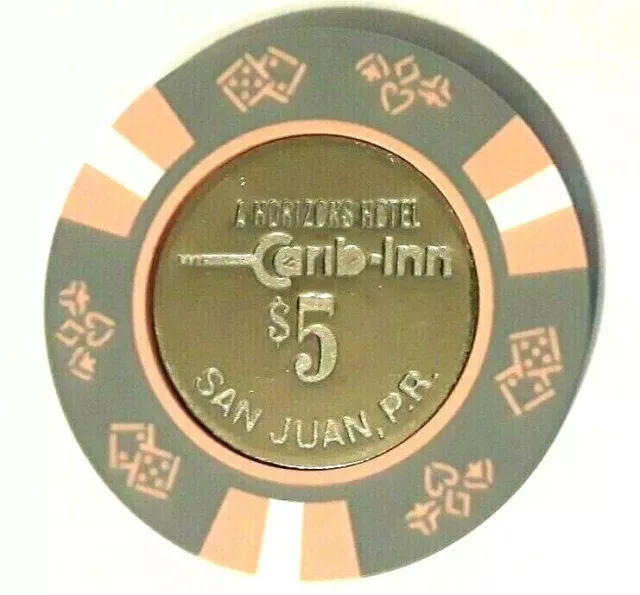 $5 CARIB INN SAN JUAN Hotel Casino GraPinWht Chip CONDADO Puerto Rico BJ Coin