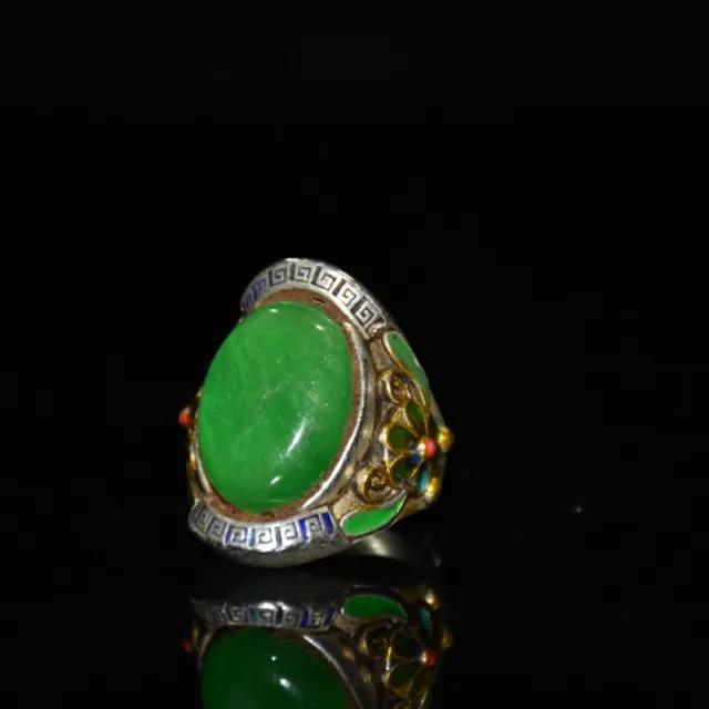 ax03 Exquisite Old Chinese tibet silver gilt inlay green jade handmade ring