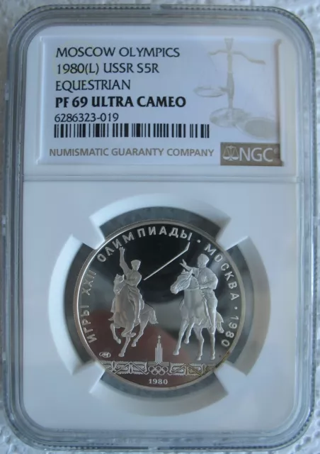 1980-L USSR Silver 5 Roubles NGC PF-69 Ul.Cam. Moscow Olympics-Equestrian