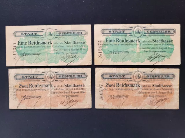 Notgeld Gebweiler 4 Scheine Notgeld 2 x 1 und 2 x 2 Reichsmark (1921)
