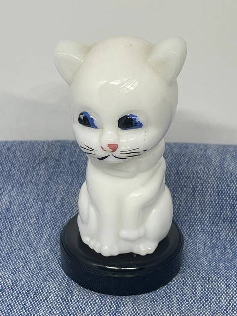 Vintage White Glass Cat Perfume Bottle. White Glass Cat on Black Plastic Base.