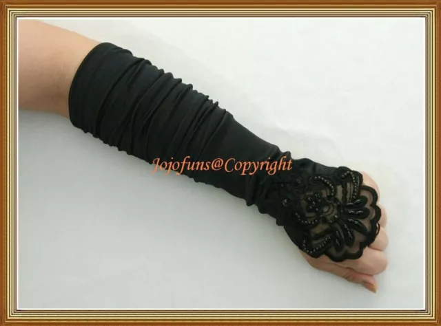 Satin BLACK FINGERLESS Bridal Wedding/Prom/Gothic Fancy GLOVE,Lace pearls sequin