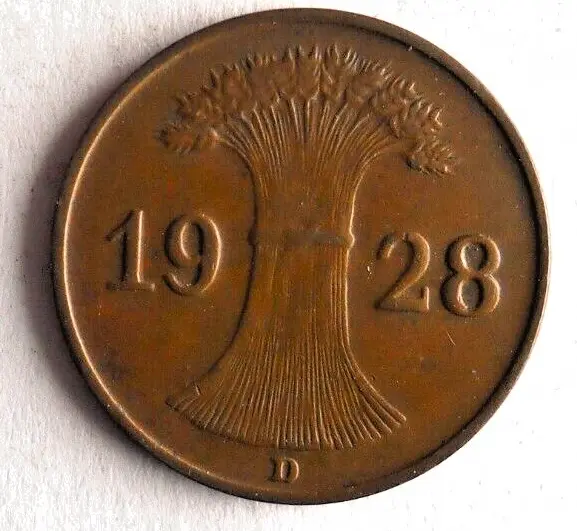 1928 D WEIMAR GERMANY REICHSPFENNIG - Great Coin German Bin #21