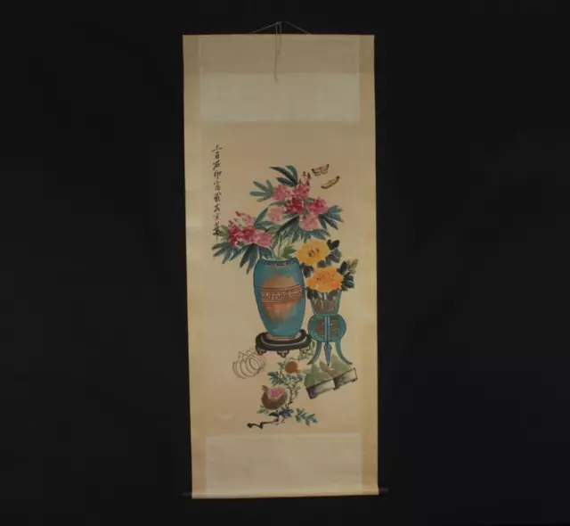 Qi Baishi Signed Old Chinese Hand Painted Scroll w/peony flower