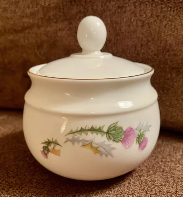 Vintage Royal Vale Bone China Lidded Sugar Bowl Purple Thistle Flowers Gold Trim