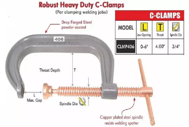 C-Clamp 6" opening Heavy Duty Drop Forged Steel Powder Coated C Clamp 4" throat