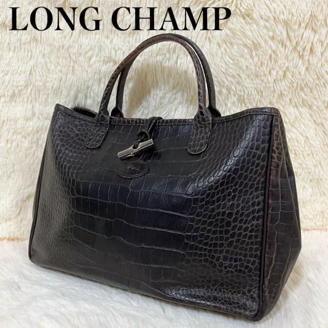 LONGCHAMP Roseau Embossed Dark Brown Leather HandBag Tote from japan
