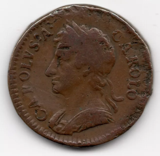 1675 Farthing, King Charles II Copper Coin, Good Grade, Clear Bust.