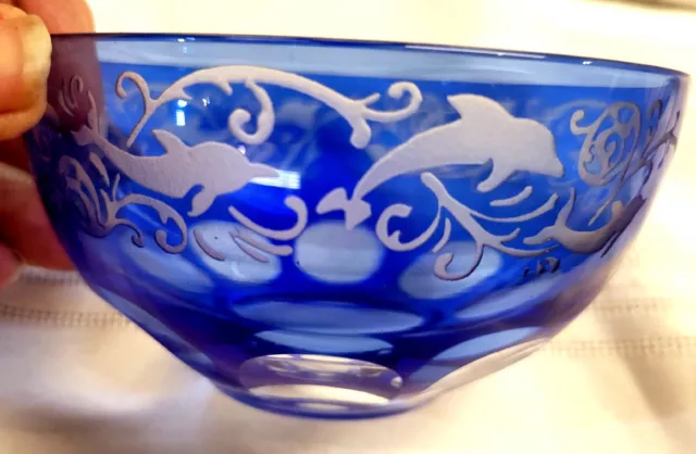 Cobalt Blue Dolfin Cut To Clear Serving Dish Bowl