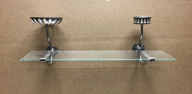 Antique 24" Glass Shelf Nickel Brass Brackets Cup Holder Soap Dish SMG 1-23B