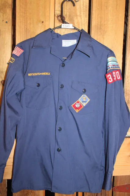 Boy Scouts of America Uniform Youth Shirt Blue Cub Large SEWN on patches