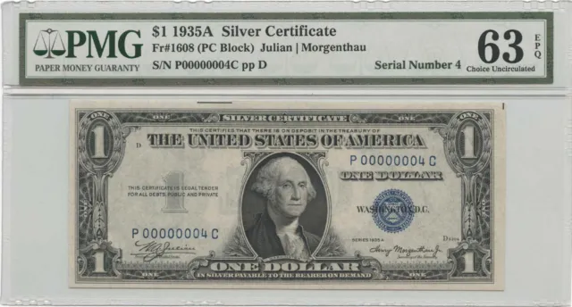 1935A $1 Silver Certificate PMG Choice UNC 63 EPQ Low Fancy S/N P00000004C