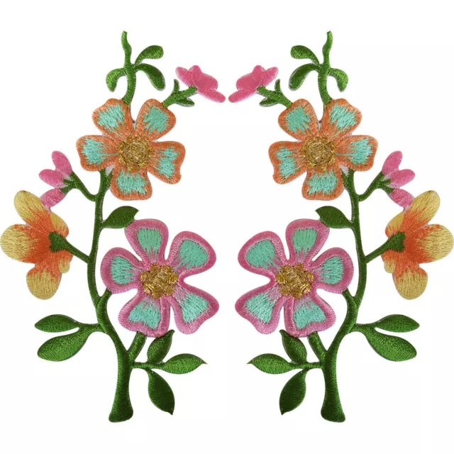 Pair of Pink Peach Flower Patches Iron On Sew On Flowers Embroidered Patch Badge