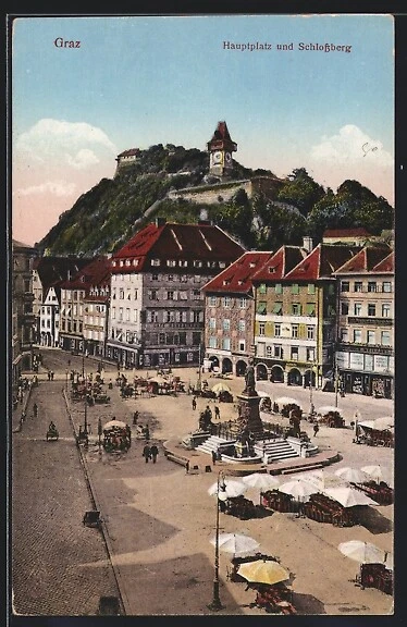 Graz, Hauptplatz mit Schloßberg und Denkmal, Ansichtskarte