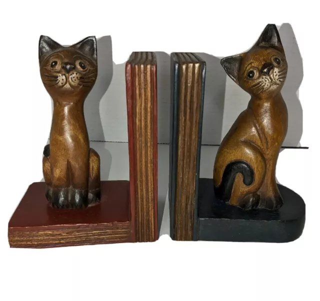Vintage Wooden Cat Bookends Hand Carved