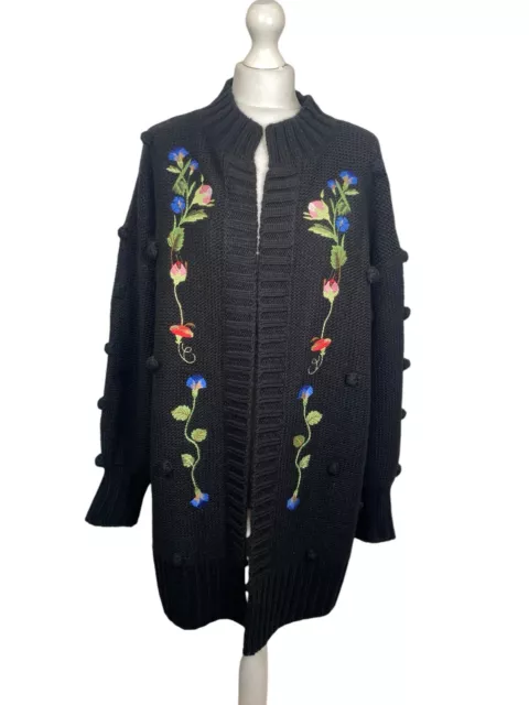 Somerset by Alice Temperley Cardigan Medium Embroidered Chunky Knit Black