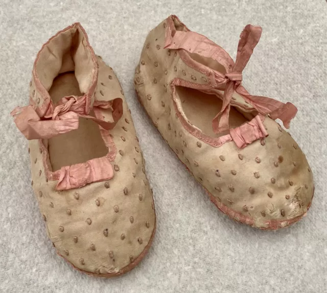 Antique/Vintage Cream Baby Shoes. Pink Embroidered Spots and Ribbons. Doll?