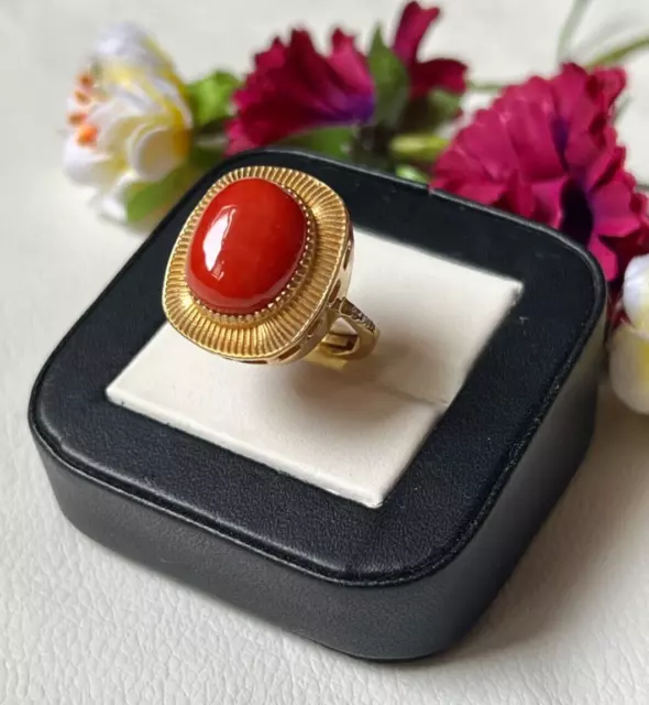 18k Yellow Gold Filled Natural Red Coral Ring Adjustable