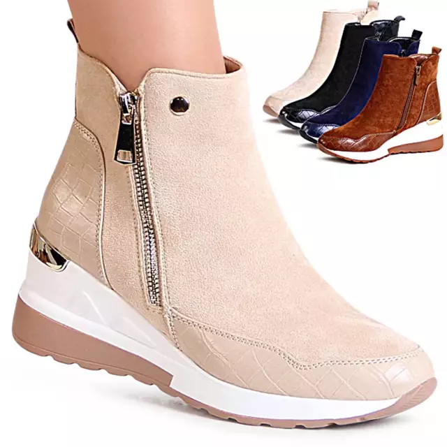 Femmes Semelle Compensée Bottines Baskets Moitié Bottes Plateforme Cheville