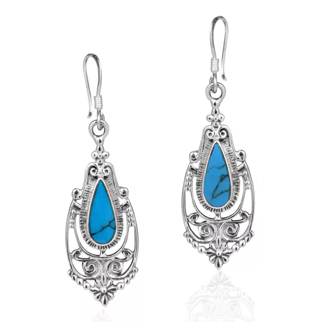 Victorian Style Teardrop Blue Turquoise Inlay Sterling Silver Dangle Earrings