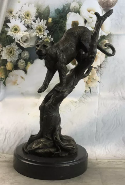 Signée 100 % Fonte Bronze Marbre Cougar Mountain Lion Panther Sculpture Figurine