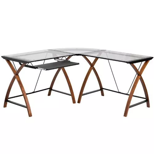 GLASS L SHAPE Desk Keyboard Tray Home Office Corner Work Table Tempered