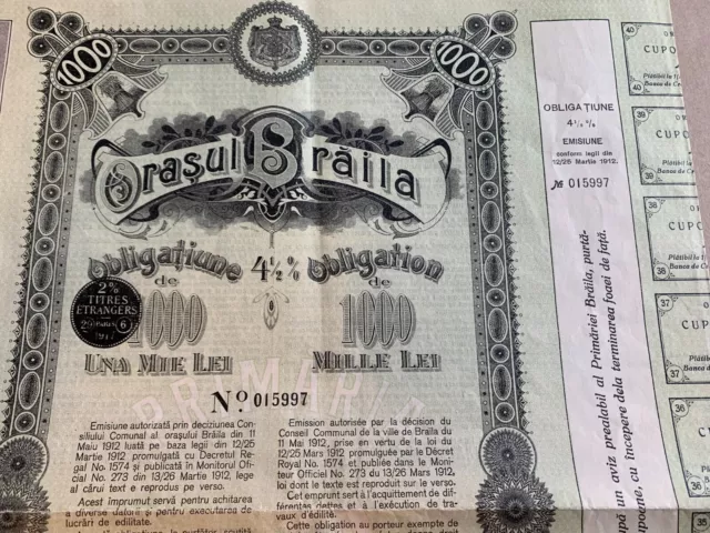 1000 Lei 1912 City of Braila Romania Bond Stock Certificate uncancelled  cupons