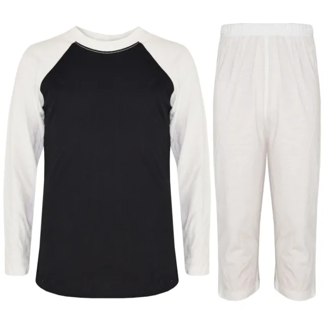 Kids Girls Boys Pyjamas Designer Plain White Contrast Sleeve Nightwear PJS 2-13Y