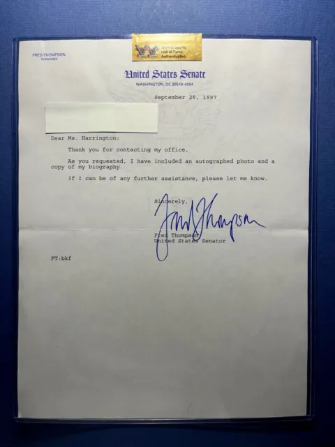 Fred Thompson US Senator and Hollywood Actor Letter HOF autograph