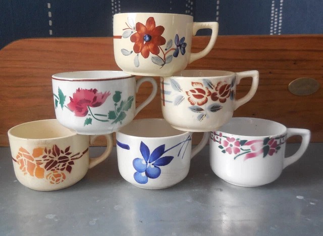 6 Tasses   Anciennes Digoin Gien   Hbcm  /  French Cups And Saucers