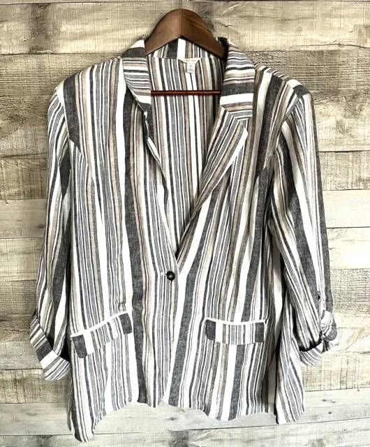 Cato Linen BLEND Lightweight Striped Blazer Jacket Womens Sz XL Beige Blue White