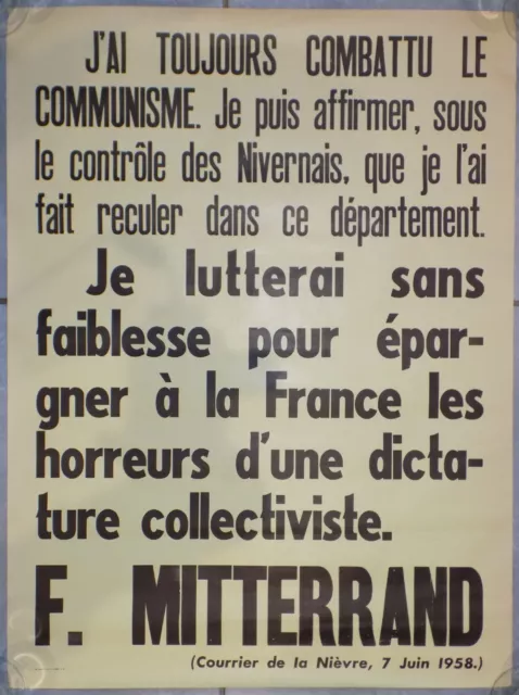 Ancienne Et Rare Affiche Politique Francois Mitterand Nievre 1958 Communiste