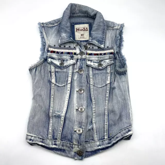 Mudd Denim Vest Boho Lace Women’s XS Blue Jean Distressed Medium Wash Button Up