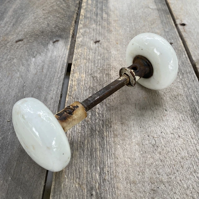 Antique Vintage Pair Mortise White Porcelain Door Knobs White Glass 2”