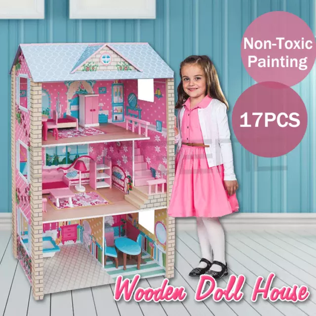 Large Wooden Dolls Doll House 3 Level Kids Pretend Play Toys Full Furniture Fr