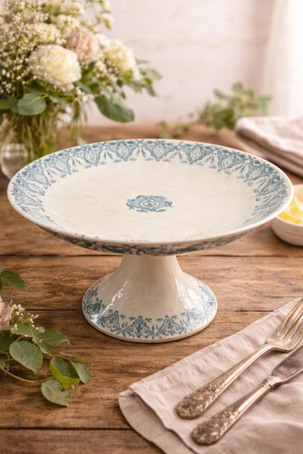 19ème siècle Longwy Compotier Relief et Décalcomanie Floral Bleu/19th