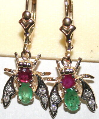 Antique Art Deco 9K Gold Ruby Emerald Diamond Butterfly Insect Dangle Earrings