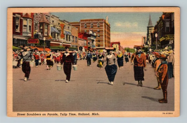 Holland MI Tulip Time Parade, Town Shops Scrubbers Linen Michigan c1948 Postcard