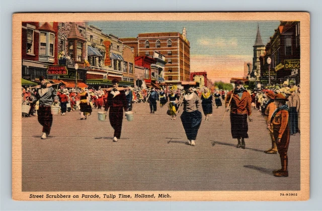 Holland MI Tulip Time Parade, Town Shops Scrubbers Linen Michigan c1948 Postcard