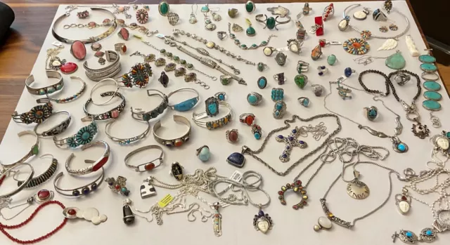 ( HUGE )Vintage- New 925 Silver Jewelry Lot Real Stones Estate Jewelry Beautiful