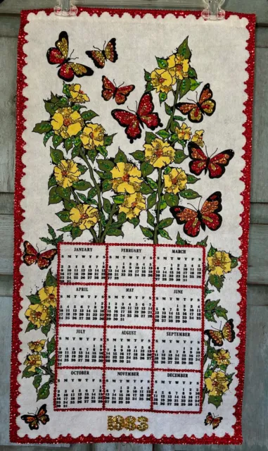 Vintage 1983 Felt Kitchen Towel Calendar Collection of Butterflies Sequins