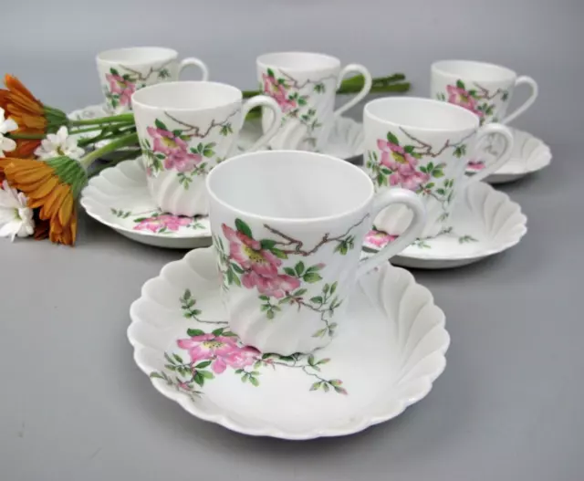 Limoges Haviland Eglantine Set. 6 Cups: Demitasse Espresso Coffee. Pink Blossoms